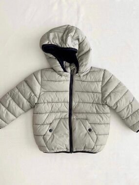 Zara Kids Hooded Puffer Jacket - Light Gray with Black Trim